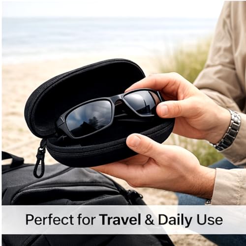 Image of Sunglasses Case Hard Shell with Zip & Hook Clip | EVA Shockproof Eyeglass Case Box | Portable Spectacle Cover for Men Women | Travel Glasses Storage Protector.