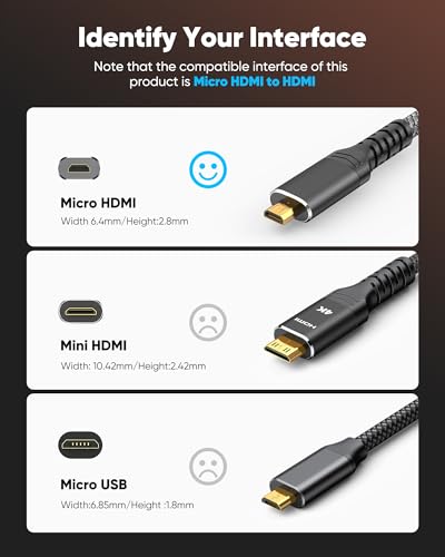 Image of Highwings 4K Micro HDMI to HDMI Cable 10 FT, Micro Male to HDMI Male Cable Nylon Braided Cord Adapter 2.0 4K@60HZ 2K@165HZ 18Gbps Compatible with Laptop Camera Monitor HDMI to Micro HDMI Black