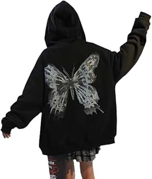 Women Grunge Zip up Hoodies Fairy Butterfly Graphic