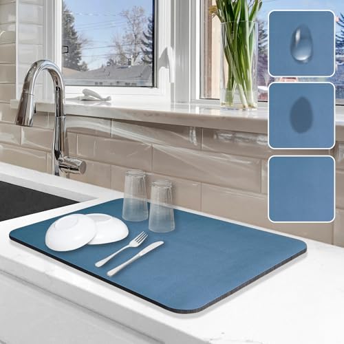 Image of Dish Drying Mat for Kitchen Counter, Dish Drying Pad with Non-slip Rubber Backed, Hide Stain Anti Absorbent for Kitchen Counter, Drying Mat for Coffee Machine Dish Rack, 12 inchx19 inch Blue