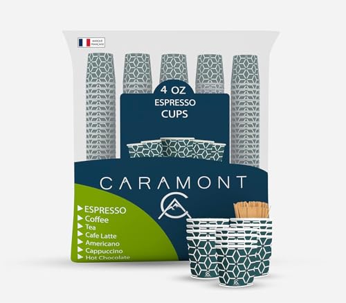 Caramonte,4 Oz 400 tazas de cartón espresso con agitadores de madera, ecológicos y desechables, resistentes al calor, cartón de calidad, ideal para todas las bebidas calientes; café, té, chocolate,
