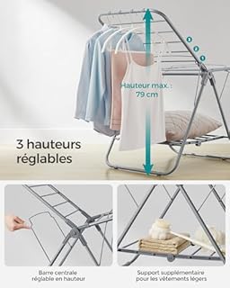 SONGMICS Petit Étendoir à Linge, Séchoir Pliable à 2 Niveaux, Gain de Place, en Métal, pour Petits Vêtements, Serviettes, Salle de Bain, Balcon, 44 x 101 x 54 cm, Gris Tourterelle LLR504G01