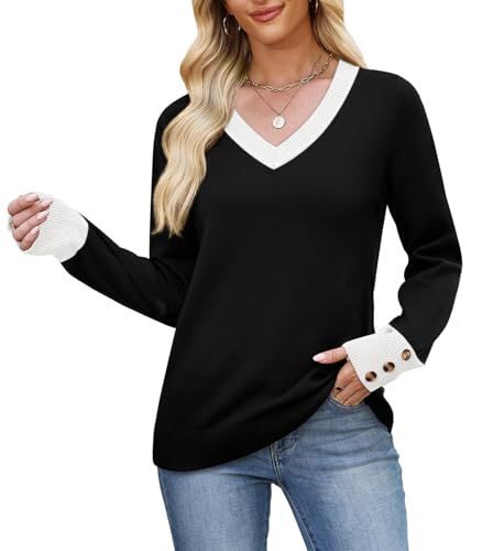 Image of WIHOLL Lightweight Sweaters for Women Long Sleeve V Neck Knit Outfits with Decorative Buttons