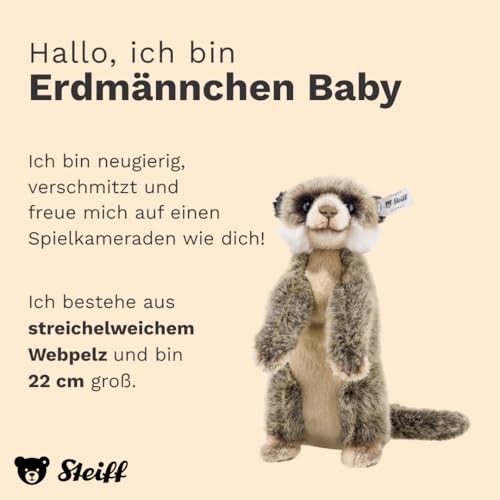 Steiff Kuscheltier Erdmännchen Baby, Süßes Stofftier mit Kunststoffaugen, Kinder, Jungen & Mädchen, Plüschtier 22 cm, Braun, 069871