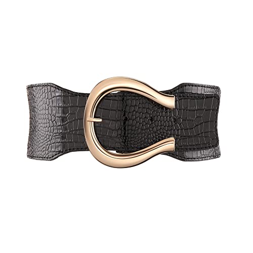 Ayliss Women Vintage Elastic Belt Crocodile Pattern Stretchy Retro PU Leather Fashion Wide Waist Cinch Dress Belt4