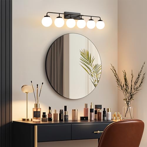 Image of Bathroom Light Fixtures 45.3in 6-Light Matte Black Vanity Lights for Mirror | Bathroom Lighting Fixtures over Mirror, ETL, Brushed Brass Wall Sconce, Dimmable E12 Base Max 60W, Milky Glass Ball Shades