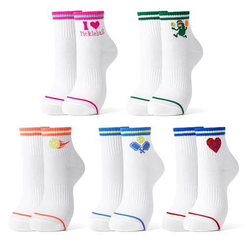 Jeasona Pickleball Socks for Women Pickleball Gifts for Women Pickle Ball Lovers- 5 Pairs Funny Cotton Ankle Socks with Arch Support Athletic Socks US Size 6-9