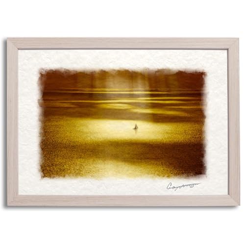 Natural Memories 風水 絵 絵画 玄関 インテリア アートパネル 風景画 おしゃれ 壁掛け 和紙の絵写真 「雲間の光芒とヨット」 水晶入り 平面額縁付き 32x23cm 海 金色 ゴールド 海の絵
