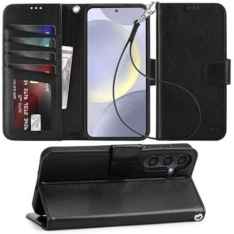 Arae Case for Samsung Galaxy S24 Plus 5G Wallet Case Flip Cover with Card Holder,Faux Leather Galaxy S24 Plus 6.7 inch Case Wallet for Women and Men with Kickstand Wristlet Strap,Black Cover