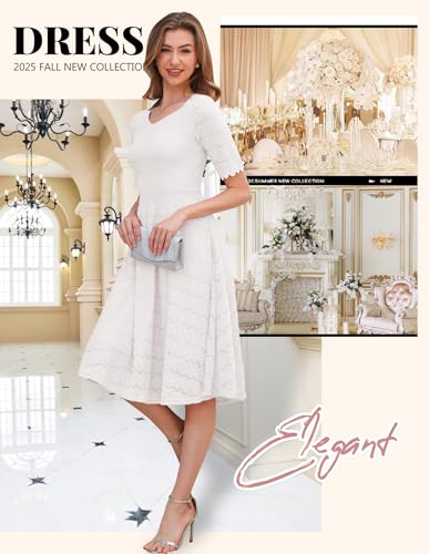 Image of Dressystar Women's Short Sleeve Lace Wedding Guest Dress V Neck A Line Formal Cocktail Evening Party Dresses 2025