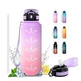 JAPORIA Borraccia 1.5L, Borraccia con Cannuccia e Marcatori Temporali, senza BPA, Bottiglia Acqua A Prova di Perdite per Scuola, Ufficio, Yoga