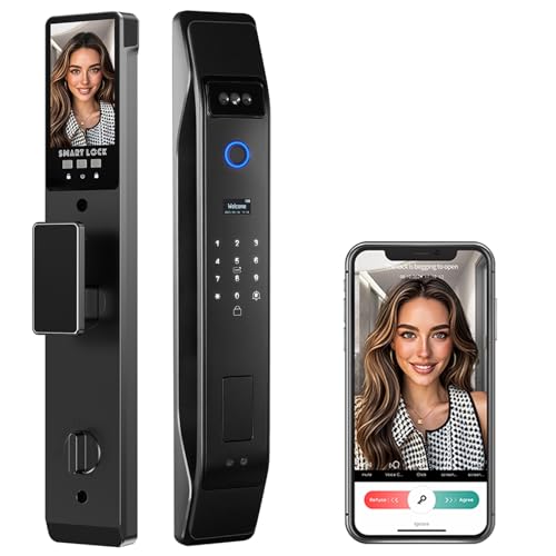3D Face Recognition Smart Door Lock with Video Intercom, Tuya App Remote Access, Biometric Fingerprint & Palm Print Unlock, Heavy Duty Aluminum Mortise Lock for Home & Office (Black)