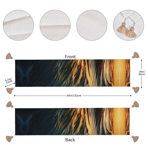 Chemin de table Dawn Ocean Waves 152 cm en coton lin rustique à pompons - 5
