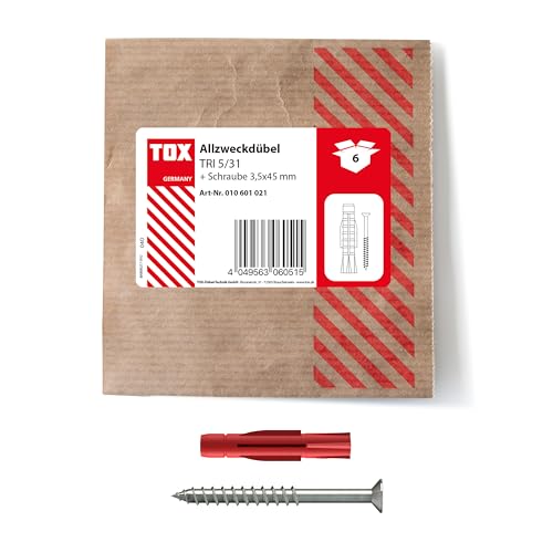 TOX 5x31 mm Allzweckdübel TRI Schraube, Dübel für zuverlässige Befestigungen in Fast Allen Baustoffen, 6 Stück in Einer wiederverschließbaren und umweltschonenden Papierverpackung, 010601021, Rot