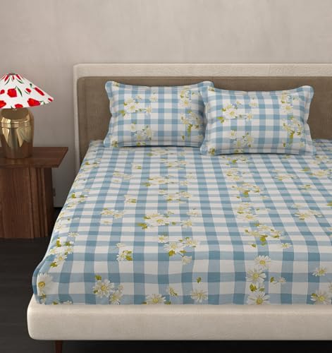 Image of VOMZER King Size (72x78) 300 TC Soft Cotton Feel Microfiber All Around Elastic Fitted Double Bedsheet with 2 Pillow Covers | Blue Check
