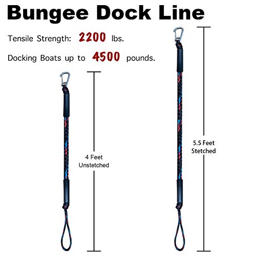 Bungee Boat Dock Line Mooring Rope With Stainless Steel Clip Accessories Boat Docking Ropes For Boats Pwc, Built In Snubber, Kayak, Watercraft,Seadoo,Jet Ski, Pontoon, Canoe, Power Boat 2-Pack #TOP2