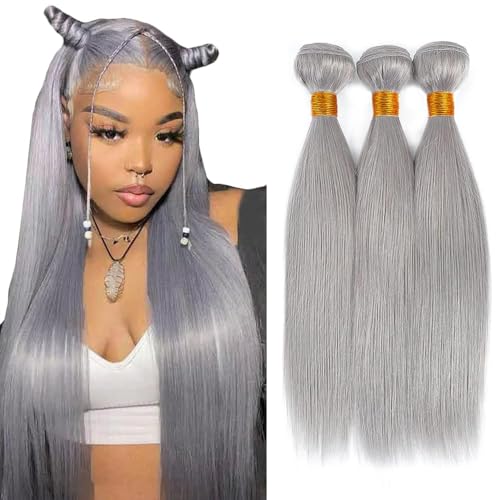 300g 28 30 32 Inch Freiuoke Silver Human Hair Bundles Grey Straight Bundle Gray Hair Weave 3 Bundles Gray Color Long Hair Extensions