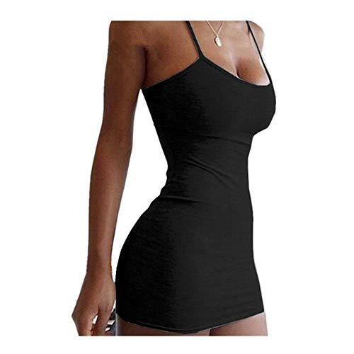 Eledobby Mujeres Strappy Bodycon Mini Dress Ladies Plain Cami Dresses Sexy Spaghetti Strap Ropa de Verano Ropa de Dormir para Fiesta Playa Color Sólido Negro S Cover