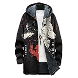 MARSVOVO Black and White Wolf Print Japanese Jackets for Men Long Sleeve Oversized Cool Cardigan Men Full Zipper with Pocket Knit Lined Fuzzy Warm Long Winter Coat Men 3XL