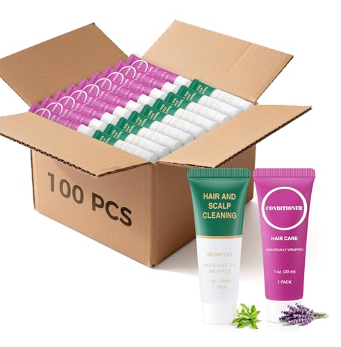 Travel Size Shampoo and Conditioner Bulk Trial Individually Wrapped Mini Hair Conditioner and Small Shampoos Men Women Mini Cleansing Toiletries Amenities for Hotel Homeless 1 Fl Oz (Pack of 100)