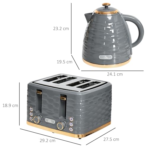 HOMCOM Kettle and Toaster Sets, 3000W 1.7L Rapid Boil Kettle & 4 Slice Toaster with 7 Browning Controls, Defrost, Reheat and Crumb Tray, UK Otter Thermostat, Grey - Image 6