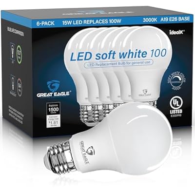 Great Eagle Lighting Corporation 100W LED Light Bulb Equivalent A19 Soft White 3000K Dimmable UL Listed (6 Pack)