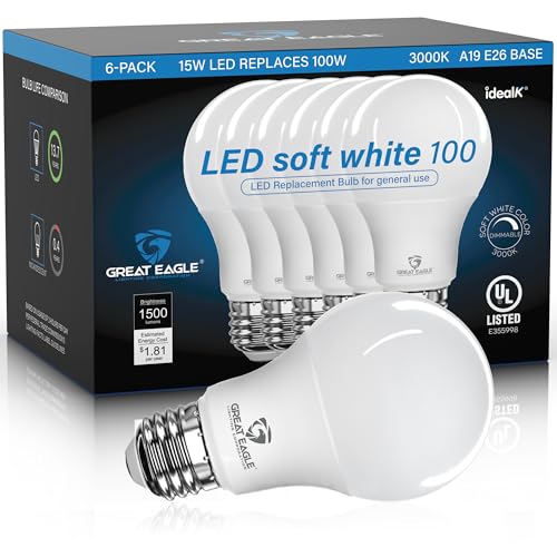 Great Eagle Lighting Corporation 100W LED Light Bulb Equivalent A19 Soft White 3000K Dimmable UL Listed (6 Pack) by Great Eagle Lighting Corporation - Used condition - US$13.56