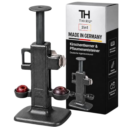 Thiru Premium Kirschentkerner Pflaumenentsteiner - Kombigerät für Pflaumen und Kirschen - Robuste Edelstahlklingen - Made in Germany - inkl. E-Book mit 25 Rezepten - zerdrückt die Frucht nicht