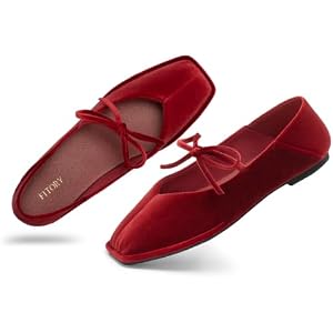 FITORY Ballet Flats for Women Mary Jane Shoes with Square Toe Comfortable | Ballerina shoes Cute bow for Work Dressy with Elastic Strap Velvet Vegan Leather Slip on