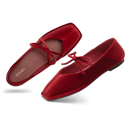 FITORY Ballet Flats for Women Mary Jane Shoes with Square Toe Comfortable | Ballerina shoes Cute bow for Work Dressy with Elastic Strap Velvet Vegan Leather Slip on