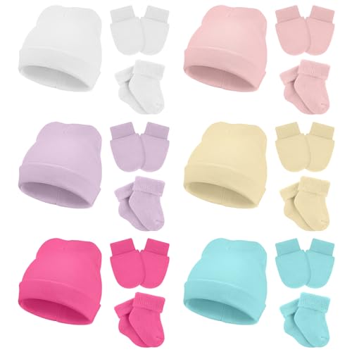 Image of Toulite 6 Pack Preemie Hats Mittens and Socks Set Cotton Preemie Beanie Hat Socks and No Scratch Mittens
