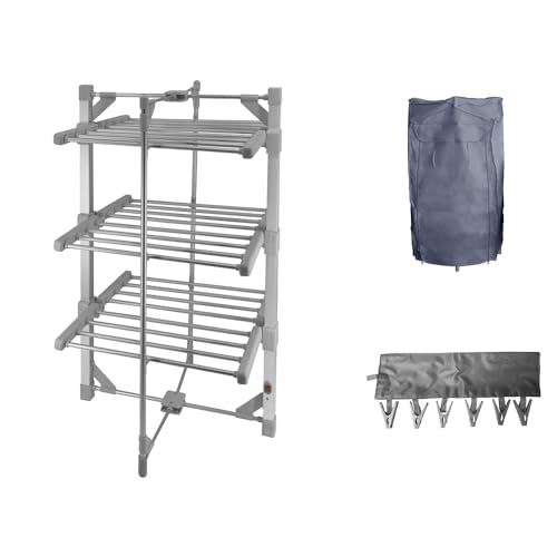 Yavolo Electric Heated Clothes Airer 3-Tier Indoor Drying Rack with Zip Up Dust-Proof Cover and 6-Clip Peg Hanger, 21m Folding Heated Dryer Horse 220W Energy-Efficient Laundry Airer Bundle