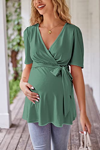 Laishen Women's Maternity Shirts Short Sleeve Wrap Tie Front Maternity Summer Clothes Pregnancy Blouse Tops(Green,L) #TOP6
