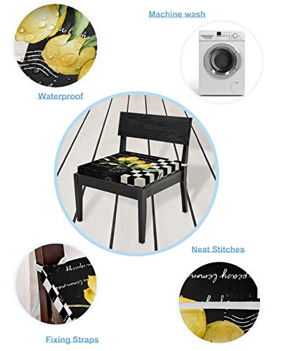 4 Pack Lemon Plaid Waterproof Cushion Covers With Ties, Yellow Black Spring Summer Outdoor Patio Chair Seat Cushion Slip Covers Rustic Farmhouse Replacement Abstract Buffalo Checkered 20''X18''X4'' #TOP5