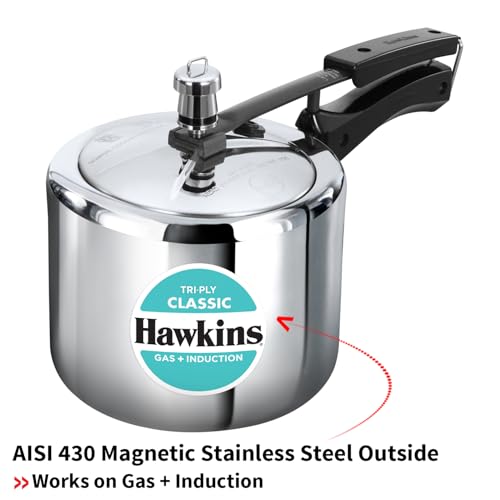 Image of Hawkins Triply 3 Litre Classic Pressure Cooker, Triply Stainless Steel Induction Inner Lid & Tall Design Cooker, Silver (SSTCL3T)