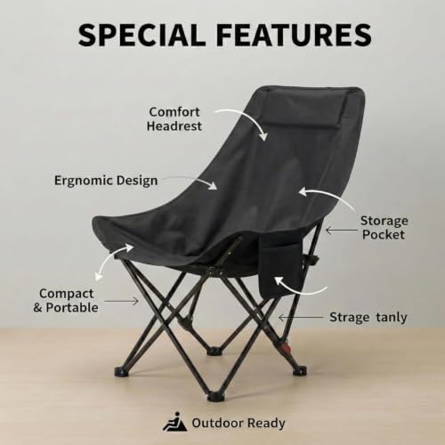 Image of Foldable Camping Moon Chair with High Back - Lightweight Portable Outdoor Folding Chair with Carry Bag & Side Pocket - Heavy Duty X-Frame for Balcony, Garden, Hiking & Travel (Black) (Black)
