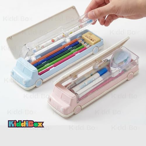 Image of KiddiBox Magnetic Pencil Box, Bus Themed Luxury Pencil Case for Kids - Stationary Organizer Pencil Box for Girls, Boys, Pencil Box for Boy & Girl, Magnetic, Return Gift for Kid Pink (Pack of 1)