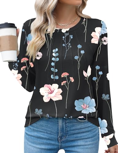 Image of Rapbin Women's Going Out Tops Long Sleeve Casual Crew Neck T-Shirts Fashion Laides Pleated Holiday Blouses,Floral,L