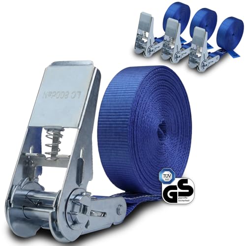 Spanngurt mit Ratsche 4er Set | TÜV geprüft | 4 m oder 6 m | 25 mm breit | Ratschengurt Ratschenspanngurt Zurrgurt belastbar bis 800 kg - 4er Pack 2.5 cm x 6 m