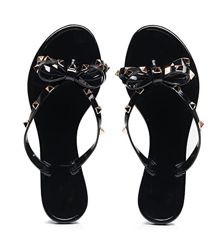 Image of Studded Jelly Shoes for Womens Bow Flip Flops Jellies Sandals Flat Black Summer Beach Thong with Rivets Strappy Slides Slip On