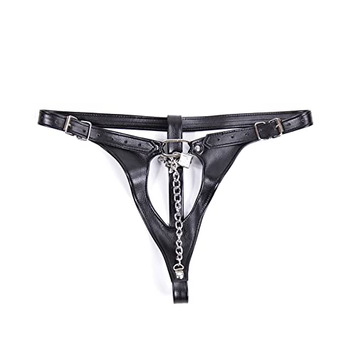 Limmion Damen Leder String Einstellbar Unterwäsche G-String Tanga Sexy Unterhose Keuschheitsgürtel mit Ketten und Schloss Ouvertslip Sex Spielzeug Bondage Erotische Kostüme SM Bondageset Schwarz