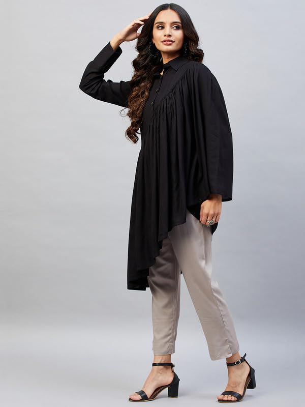 Image of Aaheli Women's Shirt and Trousers Co-Ord Set | Asymmetric Long Shirt with Full Sleeves & Solid Pants | Casual Office Wear Outfit | Olive