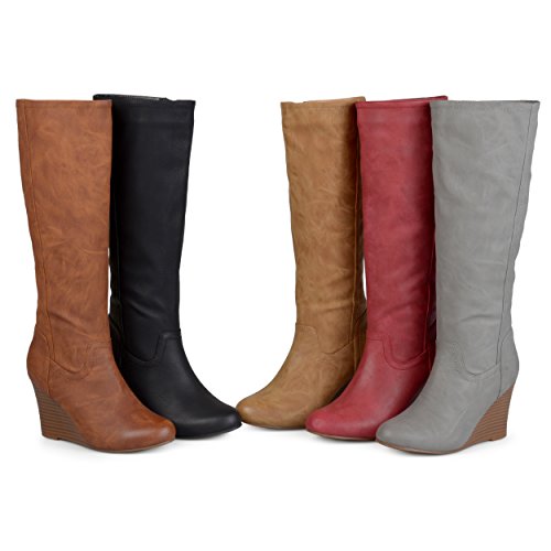 Brinley Co. Womens Regular And Wide Calf Round Toe Faux Leather Mid-Calf Wedge Boots Red, 7 Regular Us #TOP4