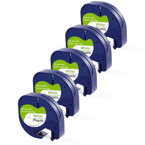 5 Pezzi Nastro Etichette 12mm x 4m compatibile con Dymo LetraTag LT-100H LT-100H Plus LT-100T LT-100T Plus 2000 XM XR QX50 in plastica ricarica 91201 Colore nero su bianco