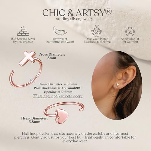 Image of CHIC & ARTSY 925 Sterling Silver Half Hoop Earrings for Women, Small Huggie Hoops Set with Ball Bar Star Moon Cross & Pearl, Lightweight Comfort Fit Everyday & Sleep Earrings