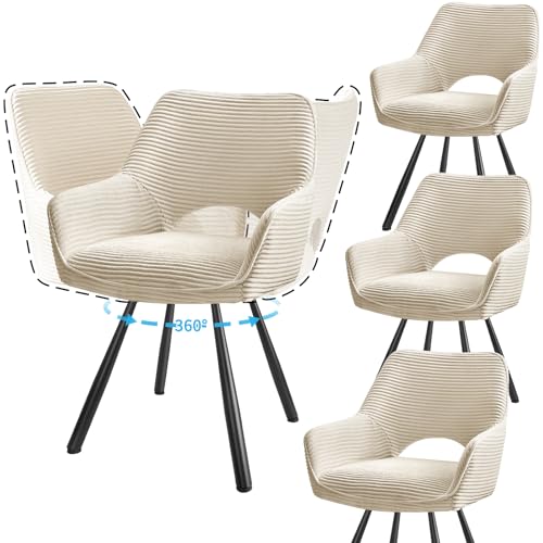 JIJIAN 4er Set Esszimmerstuhl Drehbar mit Armlehne, Drehbar 360°, Küchenstuhl, Moderner Polsterstuhl mit Stoffrückenlehne für Küche, Esszimmer, Schlafzimmer, Beige