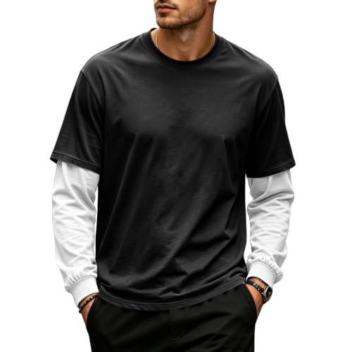 Long Sleeve Tshirts Shirts for Men Faux 2-Piece Pullover Tops