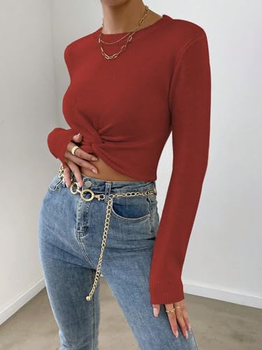 Image of SHENHE Women's Twist Front Round Neck Soft Long Sleeve Knitted Cropped Sweater Pullover