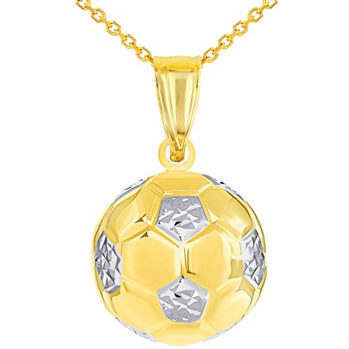 High Polish 14K Yellow Gold Soccer 3D Ball Charm Futbol Sports Pendant With Cable Chain Necklace, 16" #TOP7