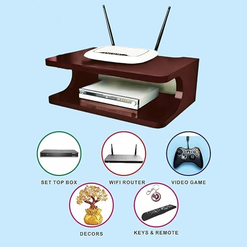 Image of Dime Store Set top Box Stand | WiFi Router Holder Wooden Wall Shelves | Setup Box Stand for Home | Wall Mount Stylish WiFi Router Holder TV Cabinet Living Room Furniture